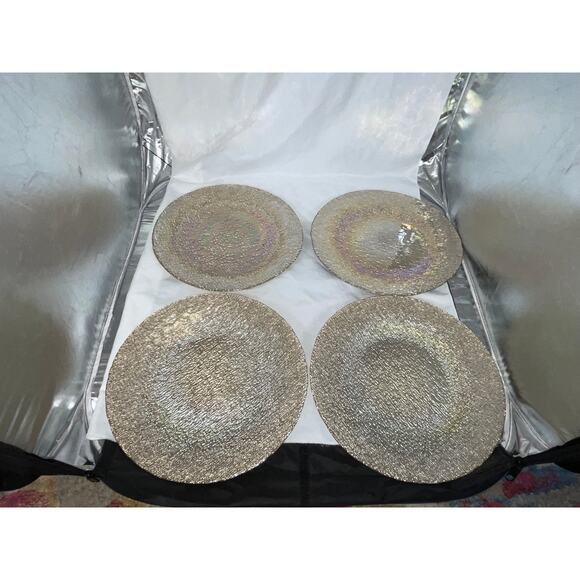NEW AKCAM TURKISH GLASS GOLD RAINBOW IRIDESCENT DINNER PLATE SET/4 - Picture 4 of 15